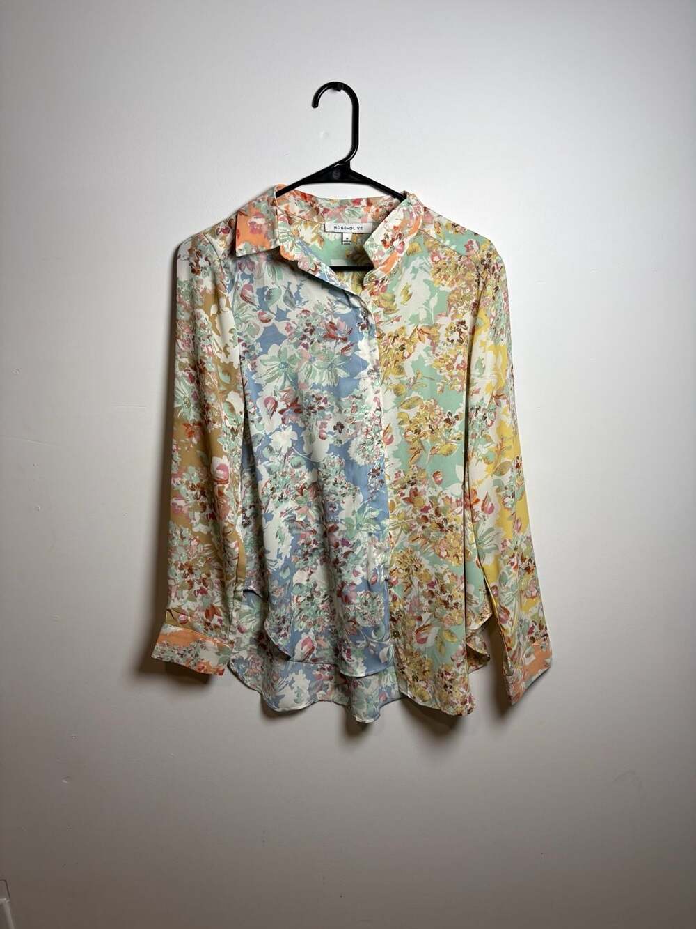 Rose + Olive Women's Long Sleeve Button-Down Blouse in Multi-Colored Floral Prin